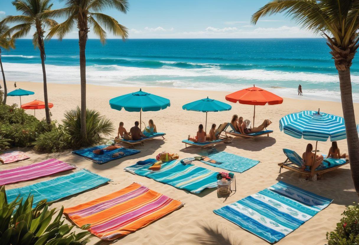 A vibrant summer scene depicting a stylish poolside area transitioning into exciting surf waves. Showcase diverse swimwear styles: bikinis, board shorts, and rash guards on a couple of relaxing sunbathers by the poolside and surfers catching waves in the background. Include tropical plants, beach towels, and colorful beach umbrellas in a sun-drenched atmosphere. Emphasize warmth, adventure, and sartorial flair. super-realistic. vibrant colors. sunny background.