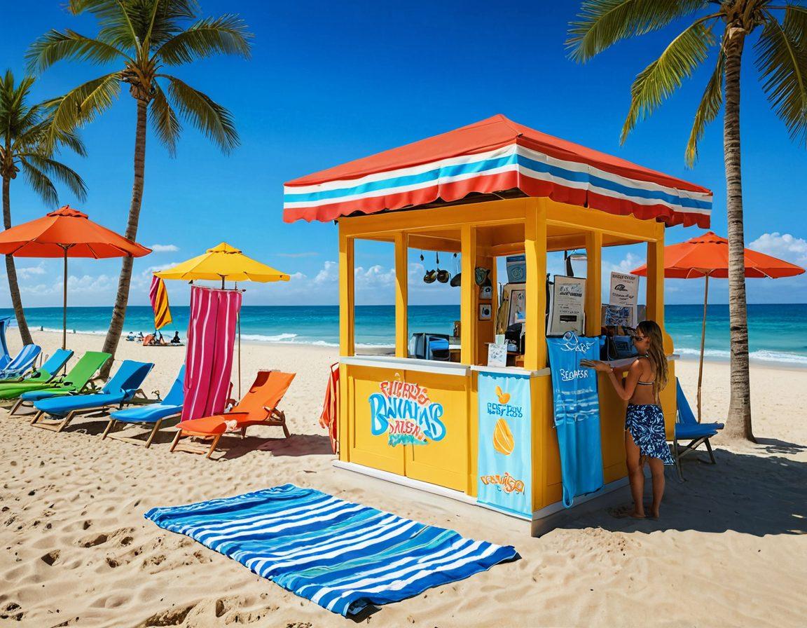 A vibrant beach scene featuring diverse individuals joyfully trying on colorful bikinis and swimwear at a stylish rental kiosk. Include sun and surf in the background, with clear blue skies, and accessories like sunglasses and beach towels scattered around. Illustrate a sense of fun and relaxation, capturing the essence of vacation spirit. Use a bright and lively color palette. super-realistic. vibrant colors.