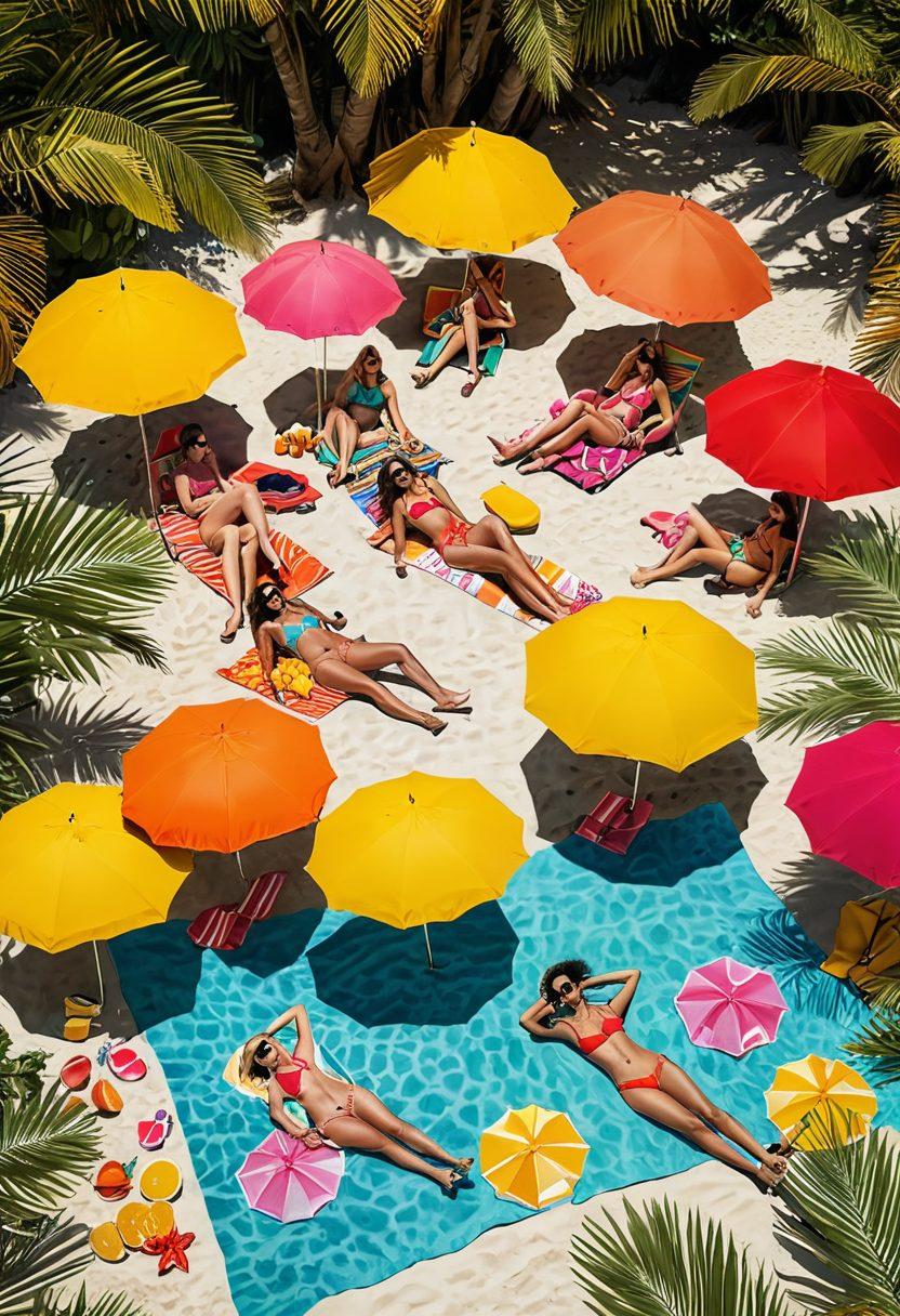 A vibrant beach scene featuring a diverse group of models showcasing the trendiest bikini styles, lounging under colorful umbrellas with tropical drinks, surrounded by palm trees and the sparkling ocean in the background. The sun shines brightly, enhancing the lively atmosphere and summer vibes. Include playful beach accessories like towels and sunglasses. bright colors. tropical theme. super-realistic.